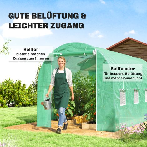 Film de serre 4 x 2 m, bâche de jardin étanche avec porte, 8 ouvertures, anti-UV, polyéthylène résistant, vert (1/4)