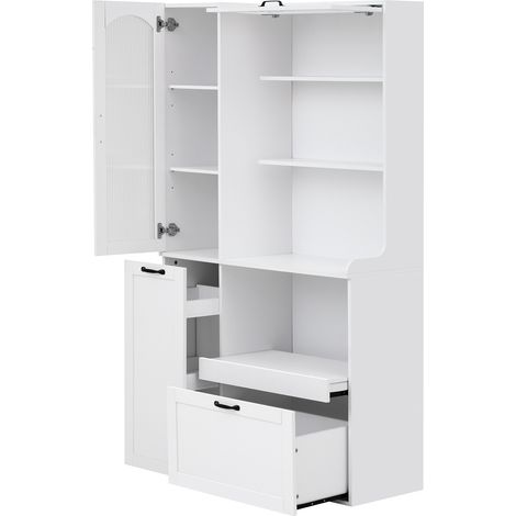 Buffet en MDF blanc avec étagères réglables, tiroirs et portes en verre strié, idéal pour salle à manger, cuisine et salon (1/5)