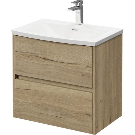 Montego Autumn Oak 600mm Wall Mounted Vanity Unit with 1 Tap Hole Curved Basin and 2 Drawers (1/5)