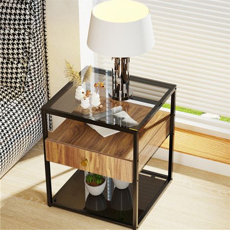 Unho – Table de chevet moderne avec tiroir et étagères – Verre trempé bronze et fer noir – Dimensions 43x43x54,5 cm – Charge max 30 kg (1/5)