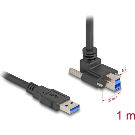 Delock Cable USB 5 Gbps USB Tipo-A macho recto a USB Tipo-B macho con tornillos 90° hacia arriba en ángulo 1 m negro