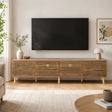 Meuble TV 180x40x46 cm - meuble bas avec 4 portes, façade ajourée, passe-câbles et grand rangement, pour TV jusqu’à 75 pouces - Bois naturel (1/5)