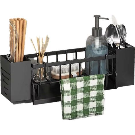 Étagère de rangement pour évier de cuisine - Étagère en plastique auto-drainante pour savon, éponge, torchon, serviette, avec panier filtre A (1/5)