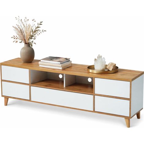 Meuble TV 175 cm blanc et bois clair avec 4 portes, 4 compartiments et 2 niches, lowboard de salon en MDF sur pieds en bois, rangement multimédia CHICFURN (1/5)