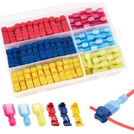 120 Pieces, Connector, Electrical Connector, T-Tap Breakout Connector + Flat Plug Quick Connector, Used to Quickly Connect Cables (Red, Yellow, Blue) (1/5)