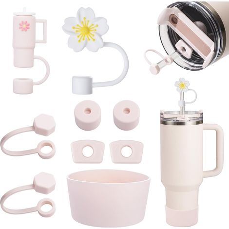Adatto al set di accessori Stanley Cup, inclusi 6 tappi in silicone anti-perdita, 2 coperchi per cannuccia, 1 custodia in silicone per tazze Stanley Cup da 1,2 l e 850 ml, tazze non incluse (quarzo ro