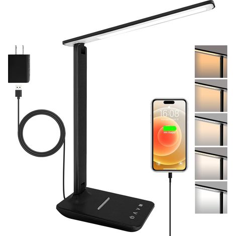 LED-Schreibtischlampe mit Adapter, dimmbare faltbare Kantenlampe mit 5 Farbmodi und 5 Helligkeitsstufen, USB-Ladeanschluss für Lesearbeiten (schwarz)