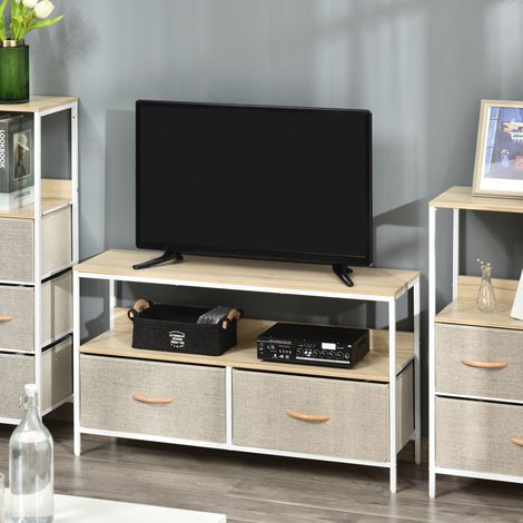 Meuble TV Bas sur Pieds Style Industriel 2 tiroirs en Tissu Gris Bois Naturel et métal Blanc