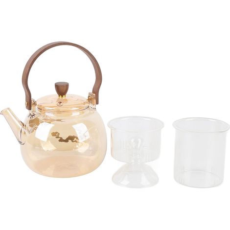 Théière en verre borosilicate 950ml avec poignée bois et 2 infuseurs inox pour thé en feuilles, compatible plaque vitrocéramique (1/5)