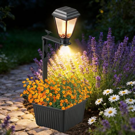 Lanterne solaire extérieure avec pot de fleurs, lampe décorative étanche pour jardin et terrasse, lumière chaude, structure en métal noir, dimensions 49 x 20 cm (1/5)