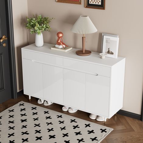 Meuble à chaussures avec 2 Portes et 2 Tiroirs, Étagères Réglables, Pieds Dorés, Style Moderne, en Panneaux Particules, Blanc, 140×39×84 cm (1/5)