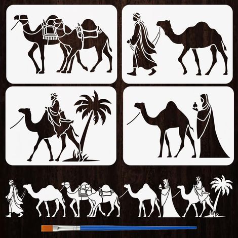 4 Pièces Pochoirs de Caravane Chameaux avec un Pinceau 29,7x21cm Pochoirs Peinture Chameaux du Désert Pochoir Chameau Dromadaire PET Thèmes Animaux pour Bois Sol Carrelage Mur Tissu DIY (1/5)