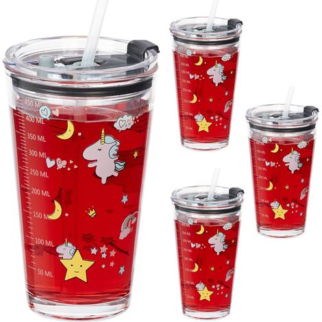 Relaxdays 4x Children's Cups, Unicorn Motif, Drinking Glass for Kids, with Handle, Lid & Straw, 450ml Scale, Transparent