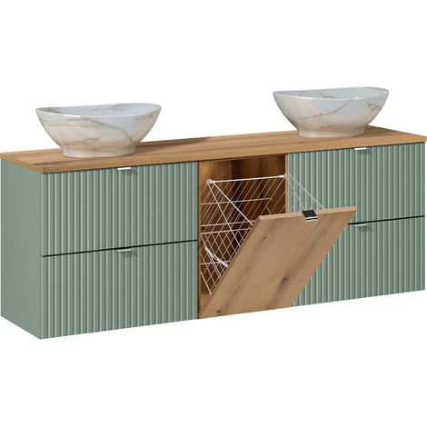 Meuble double vasque 160cm panier à linge Jade Vert et Bois