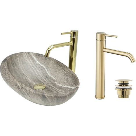 GTM Design Aufsatzwaschbecken 49 cm Matt Set mit Waschtischbatterie und Stopfen - Aufsatzwaschbecken Oval für Badezimmer - Modernes Waschbecken ohne Hahnloch - Waschbecken mit Armature (1/5)