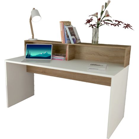 Table de bureau d'ordinateur coloris Blanc/chêne - Hauteur 102 x Longueur 160 x Profondeur 67 cm (1/2)