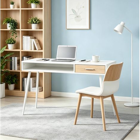 Bureau 110x50x75 cm blanc en bois et métal avec tiroir et niche (1/5)