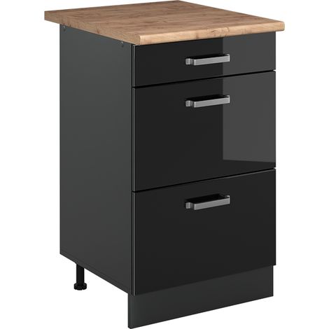 Mobiletto base per cucina R-Line, Nero lucido/Antracite, 50 cm piano di lavoro Rovere dorato, Vicco
