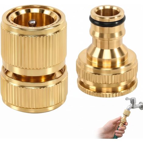 Lot de 2 Raccord Tuyau d'Arrosage en Laiton et Alliage, Connecteur Rapide avec Arrêt d'eau Compatible 1/2 (12mm) et 3/4 (19mm), Adaptateur Robinet de Jardin Étanche et Robuste (1/5)