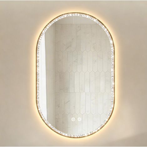 Miroir de salle de bains ovale 50x80 cm en verre doré, LED anti-buée, facile à monter FloraGrace (1/5)