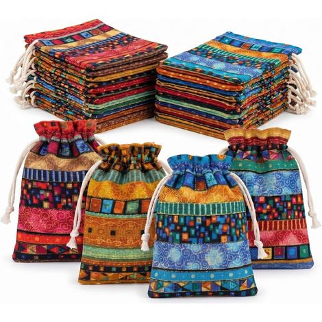 24 unités Pochon Toile de Jute 10x14cm compact Sac en Tissu Style Ethnique (4 Motifs) Sac Cadeau en (1/5)