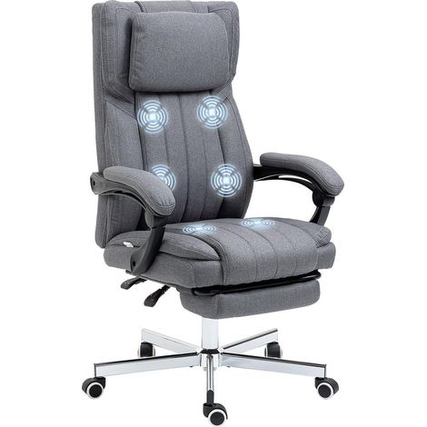 Fauteuil gris inclinable pivotant 6 massages vibrants avec télécommande, 108-118 cm, relaxation siège bureau