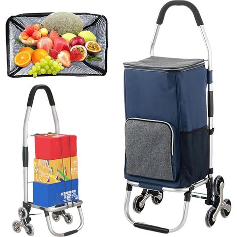 Chariot de Courses Pliable 6 Roues en Aluminium, Sac Entièrement Isotherme, Caddie de Courses, Monte Escaliers (Blue) (1/5)