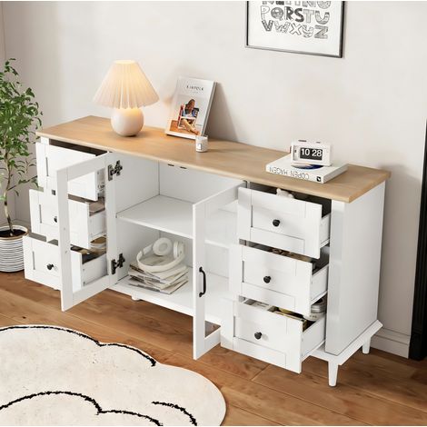 Aparador de MDF blanco y madera 150 x 40 x 75 cm, 2 puertas acrílicas, 6 cajones, LED (1/5)