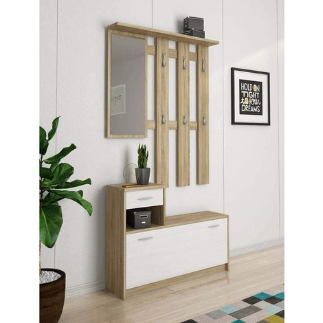 Mobile Belem Mobiletto da Ingresso con Scarpiera Appendiabiti e Specchio Arredo Arredamento Corridoio Entratina 97 x 35 x 25 cm (Bianco e Quercia) - Colore: Bianco Quercia