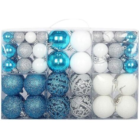 Lot de 100 boules de Noël en plastique robuste pour décoration d'intérieur et d'extérieur - Argent, bleu et blanc (1/3)