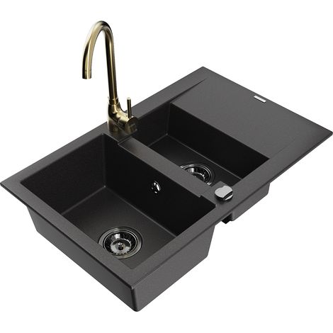 Mexen Gaspar lavello in granito 1,5 vasche con scolapiatti e rubinetto da cucina Telma, nero - 6507-77-670200-50-B (1/5)