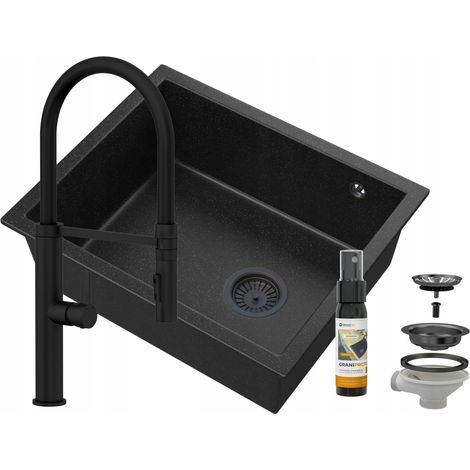 Évier en granit sous-plan Granitan Salix Noir Robinet Full Noir Siphon Noir 1 bac Impregnant GraniProtect 30 ml (1/5)