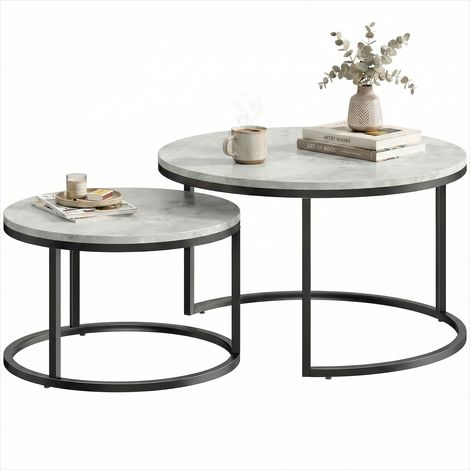 Tables gigognes empilables rondes en MDF imitation ciment et métal noir, lot de 2, gain de place (1/5)