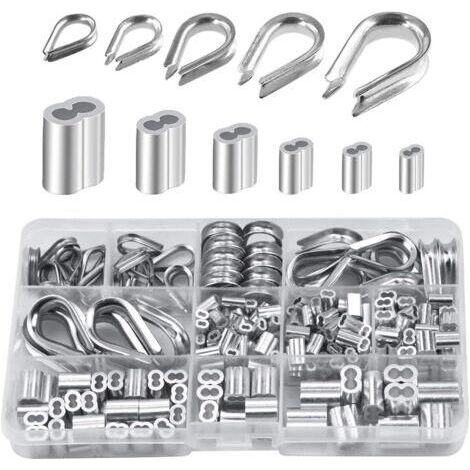 Lot de 250 cosses de câble métallique en aluminium de 6 tailles différentes - Assortiment de manchons à double barillet et 5 cosses de taille pour câble métalliquedengyank