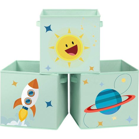 SONGMICS Statole Portaoggetti, Set di 3 Organizzatori per Giochi, Contenitori Pieghevoli con Maniglie, per Camerette Stanza dei Giochi, 30 x 30 x 30 cm, a Tema Spazio, Verde RFB001G03 (1/5)