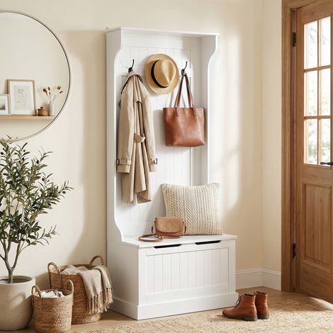 Appendiabiti d'ingresso avec banco de rangement, en bois blanc, 71,5x39,5x170 cm, avec étagère et porte-manteaux (1/5)