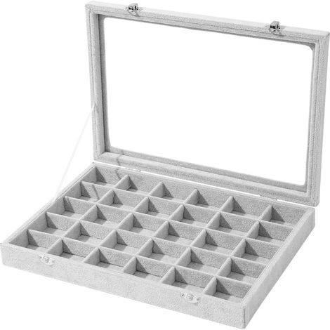 Schmucktablett mit 30 Fächern, Schmuckaufbewahrungsbox mit Deckel, Aufbewahrungsbox für Ohrringe, Ringeinsatz, Schublade, Grau