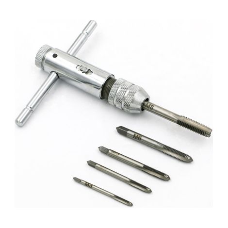 Tourne-à-gauche - pour le travail des métaux à poignée en T avec 5 tarauds: 3 mm,4 mm,5 mm,6 mm,8 mm - réglable (1/4)
