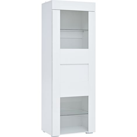 Armoire vitrine 60 x 40 x 170 cm, vitrine avec porte en acrylique, finition brillante, meuble de rangement avec éclairage LED, 2 étagères en verre, meuble haut, meuble de salon, blanc (1/5)