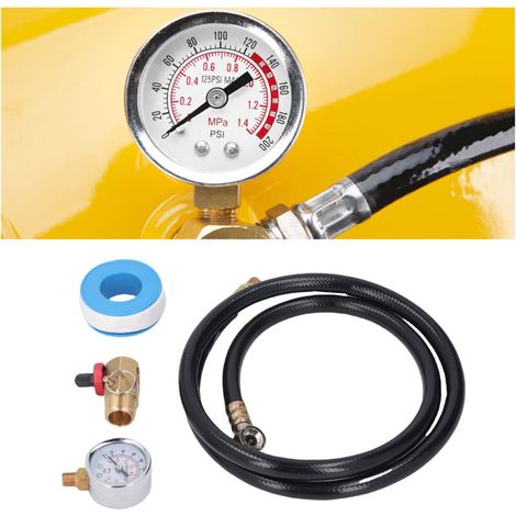 Ce kit de réparation comprend une soupape de sécurité, un manomètre 0-200 PSI et un tuyau d'assemblage de 1,2 m (4 pieds) pour réservoir d'air portable. (1/5)