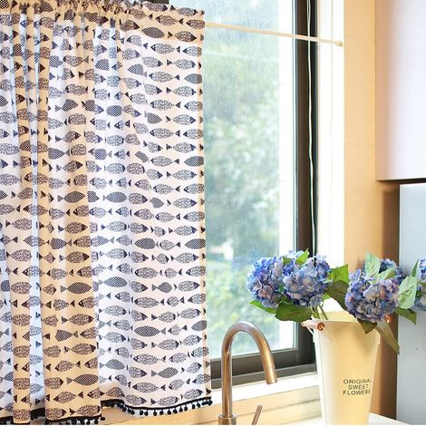 Cortina corta de cocina para ventanas pequeñas, de algodón con estampado de peces azules, cortina de café, cortinas de discos, paneles, cenefas, media cortina. (1/5)