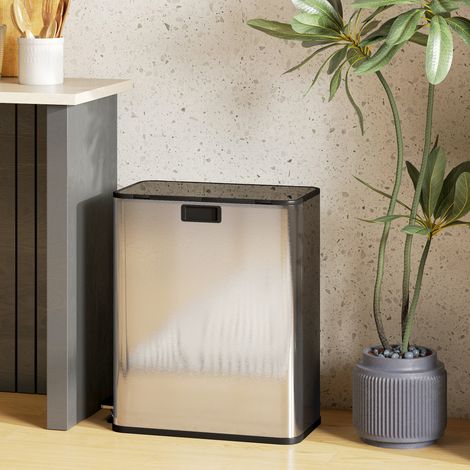 Poubelle de cuisine 2 x 28L en acier inoxydable à pédale avec couvercles à fermeture douce, seaux intérieurs amovibles (1/4)