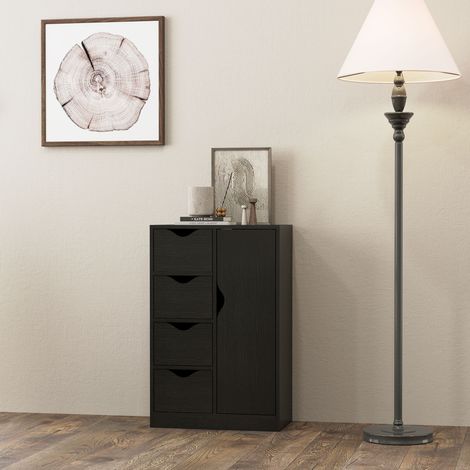 Meuble de rangement buffet commode 1 placard et 4 tiroirs, en bois, pour salon, cuisine, entrée, salle à manger, noir (1/5)