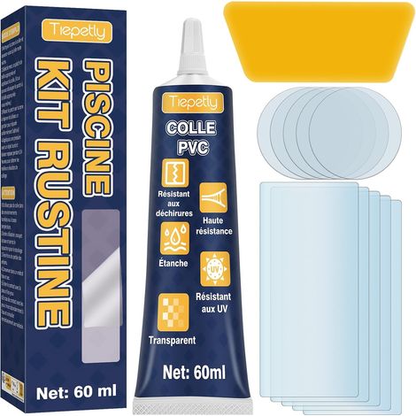 Kit de Réparation Piscine 60ml – Haute Résistance, Patchs Transparents Étanches pour Matelas Pneumatique, Jacuzzi, Structure Gonflable, Compatible PVC/ABS/EVA/Caoutchouc (1/5)