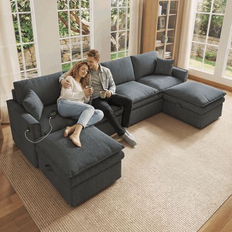 Canapé d'angle modulable 4 places 277x135x80 cm, canapé U/L avec coffres de rangement, 2 poufs mobiles, ports USB-C, tissu coton lin - Gris (1/5)