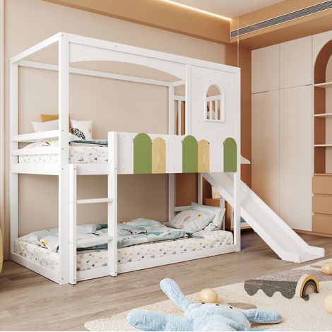 Lit superposé enfant 140 x 200 cm maison en bois blanc avec toboggan et échelle sécurisée (1/5)