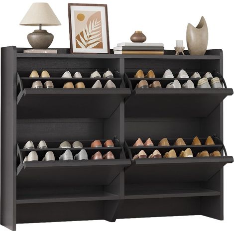 Meuble de rangement chaussures finition noire à 4 tiroirs basculants, étagères amovibles, rangement caché étroit pour entrée et couloir (1/5)