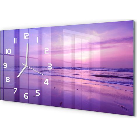 Grande Horloge Murale 60x30 cm Design Panoramique Verre Silencieux pour Salon Mer au coucher du soleil (1/5)