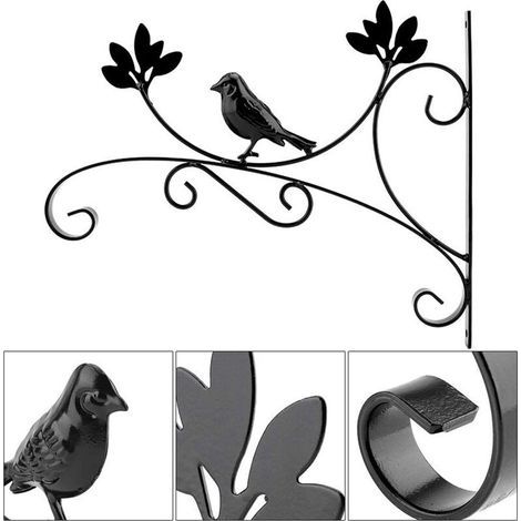 pair Crochet Noir Suspension Plante Forme de Oiseaux Supports de Panier Suspendus en Métal pour Jardin Balcon