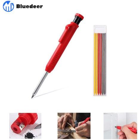Crayon chantier-Crayon de charpentier avec 7 Recharges, solide et extensible menuisier taille-crayon intégré, outils marquage porte-mines pour Verre, Céramique, Bois, (Tischler Bleistift) (1/5)